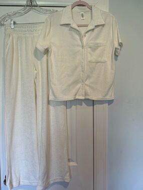 Cozy white Short Sleeve Button-Up Top and pants terry cloth Sandy Beach